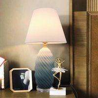 3D Blue Green White Gradient Threaded Ceramic Table Lamp with Fabric Shade