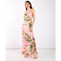 Pink Watercolour Floral Halter Neck Maxi Dress | Clothing Size: 12