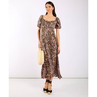 Purple Floral Sweetheart Neck Midi Dress | Clothing Size: 10