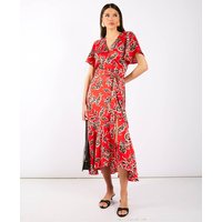 Red Floral Satin Wrap Midi | Clothing Size: 8