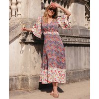 Contrast Floral Angel Sleeve Midi Dress | Clothing Size: 10