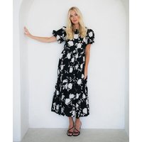 Mono Floral Cotton Puff Sleeve Midi Dress | Clothing Size: 10