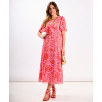 Pink Floral Chiffon Flutter Sleeve Midi | Clothing Size: 8