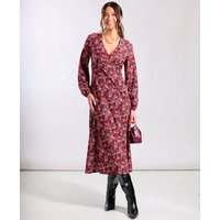 Red Floral Printed Long Sleeve Midi Dress | Clothing Size: 14