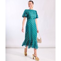 Teal Chiffon Foil Puff Sleeve Midi Dress | Clothing Size: 18