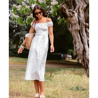 White Cotton Shirred Bardot Midi Dress | Clothing Size: 10