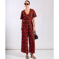 Red Floral Flutter Sleeve Jumpsuit | Clothing Size: 12