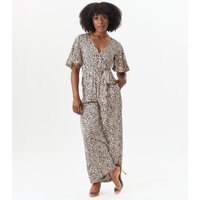 Tan Satin Animal Angel Sleeves Wrap Jumpsuit