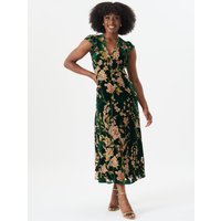 Green Floral Devore Ruffle V Neck Midaxi Dress