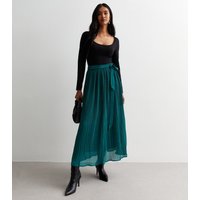 Green Pleated Belt Detail Midi Skirt
