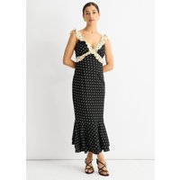 Black Spot Ruffle Bias Midi dress