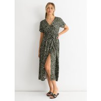 Short Sleeve Animal Print Wrap Front Midi Dress