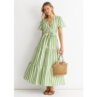 Sage Green Stripe Wrap Belted Viscose Midi Dress