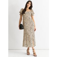 Beige Animal Printed Split Viscose Midi Dress