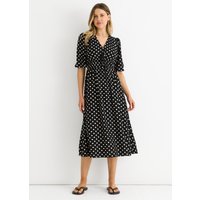 Black Spot Print Shirred Waist Shift Midi Dress