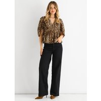Brown Animal Print V Neck Peplum Blouse