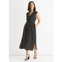 Black Viscose Spot Print Belted Shirt Midi Dress