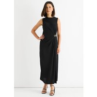Black Waist Ruched Metal Trim Sleeveless Midi Dress