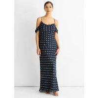 Navy Cowl Neck Drop Sleeves Foil Maxi Dress