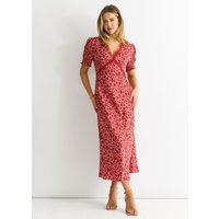 Red Floral Lace Trim V Neck Midi Dress