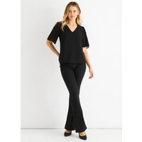 Black Chiffon Pleat Sleeves V Neck Top