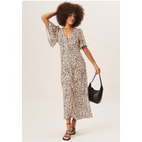 Beige Animal Print Button Down Midi Dress