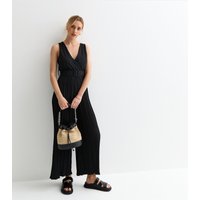 Black Wrap Top Bellted Plisse Jumpsuit
