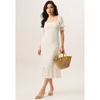Ivory Shirred Sleeves Shift Midi Dress