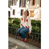 Cream Contrast Strawberry Knitted Short Cardigan