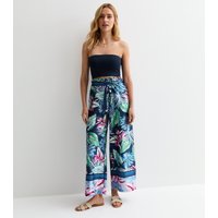 Blue Tropical Print Belted Wide Leg Trousers