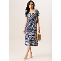 Blue Short Puff Sleeve Split Hem Midi Dress