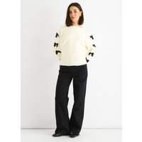 Cream Slash Neck Crop Bow Knit Jumper