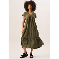 Khaki V Neck Tiered Midi Smock Dress