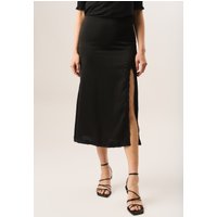Black Satin Side Split Lace Trim Midi Skirt