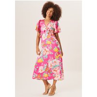 Pink Floral Print Angel Sleeves Midi Dress