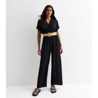 Black Short Sleeves Elasticated Waist Belted Jumpsuit