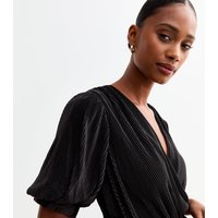 Black Short Sleeves Plisse Wrap Midi Dress