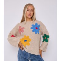 Beige Floral Applique Oversized Jumper
