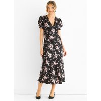 Black Floral Lace Trim Bias Midi Dress