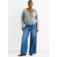 Grey Floral Appliqué Wool Mix Cardigan