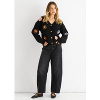 Black 3D Contrast Flower Crochet Cardigan