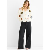 Cream 3D Contrast Flower Crochet Cardigan