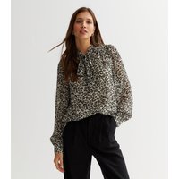 Black Animal Print Long Sleeves Tie Neck Blouse