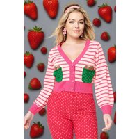 Smak Parlour 1960s Pink Stripes & Strawberry Pocket Cardigan Colour: Pink Size: XL/1XL