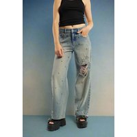 The Ragged Priest Dirty Wash Distressed Release Stud Jeans Size: 26" Colour: Blue