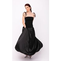 Alexa Black Satin Puffball Maxi Dress