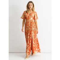 Orange Metallic Jacquard Flutter Sleeves Floral Maxi Dress