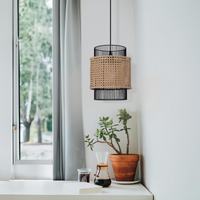 Elegant Black Frame with Handwoven Rattan Pendant Light