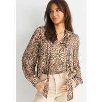 Brown Animal Print Long SLeeves Tie Neck Blouse