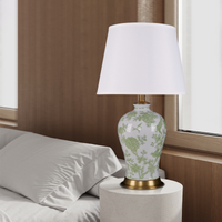 Green Floral Ceramic Table Lamp with Copper Base and Fabric Shade